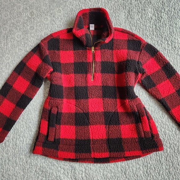 Old Navy Red and Black Buffalo Plaid Zippered Sherpa Pullover, Size SP - Picture 1 of 11